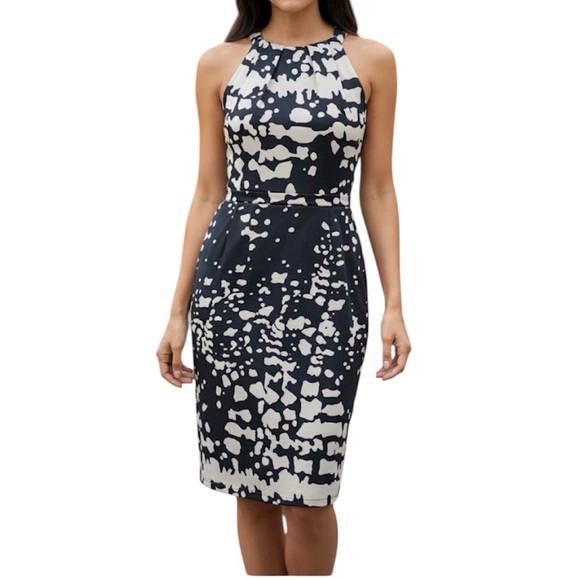 Tahari Women’s Black Tan abstract pattern Sleeveless Fitted Halter Dress 4 - Picture 1 of 13